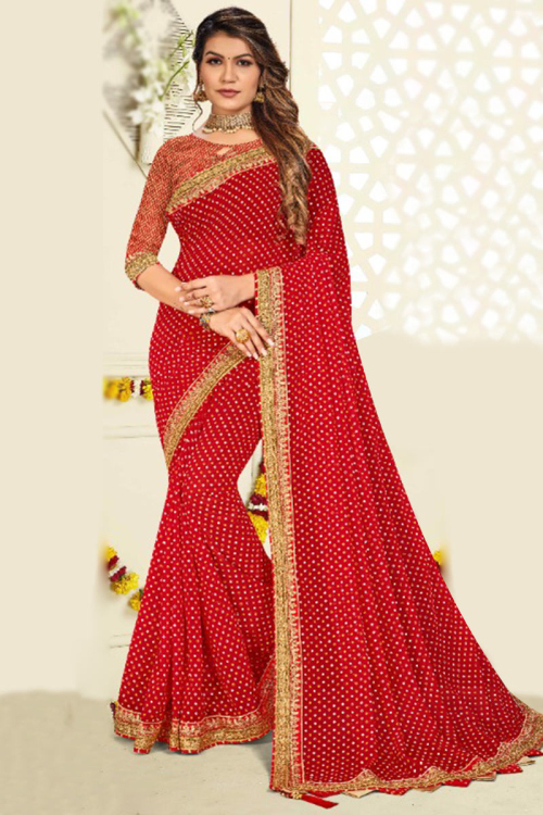 Georgette Deep Red Party Wear Saree with Printed