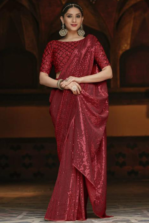Deep Red Georgette Sequins Embroidered Saree for Women