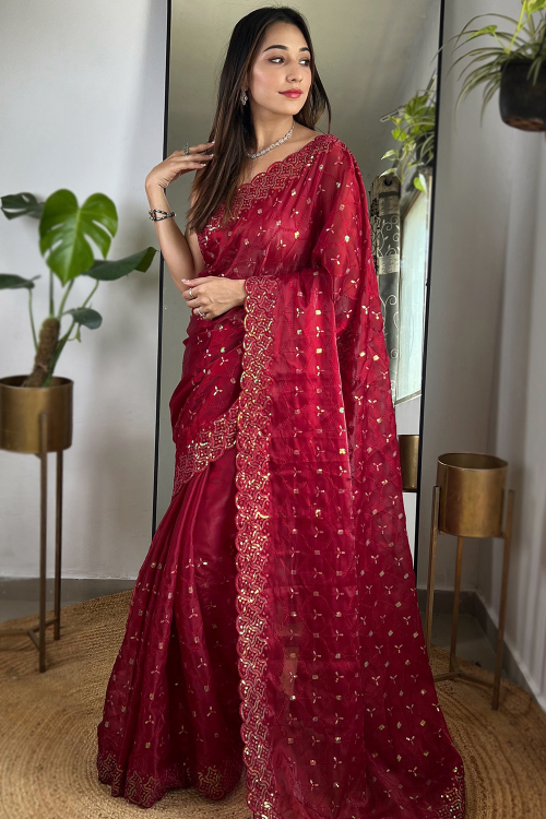 Deep Red Organza Embroidered Light Wight Saree