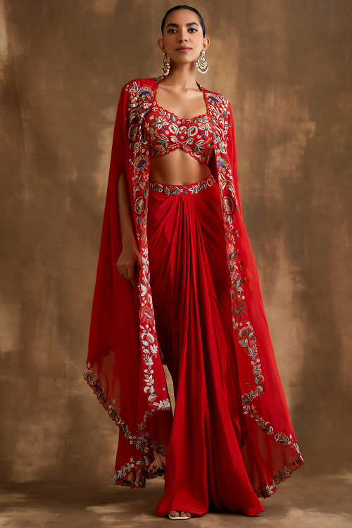 Deep Red Organza Embroidered Top With Indo-Western Dhoti