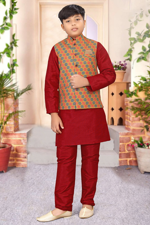 Deep Red Plain Dupion Silk Jacket Style Boy's Kurta Pajama 