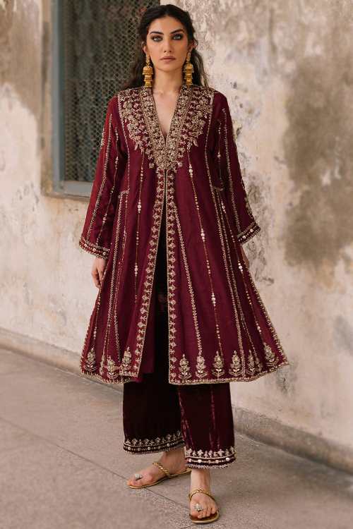 Deep Red Silk Embroidered Front Slit Straight Pant Suit 