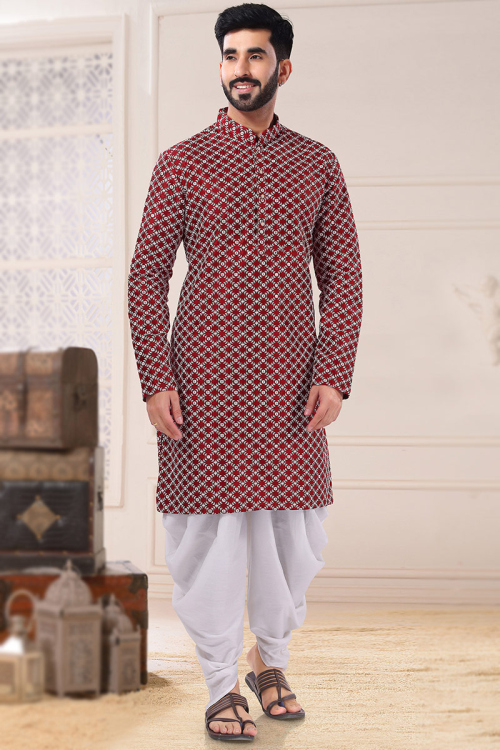 Deep Red Silk Straight Cut Men Kurta Pajama