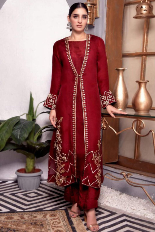 Deep Red Silk Salwar Kameez With Embroidered Jacket