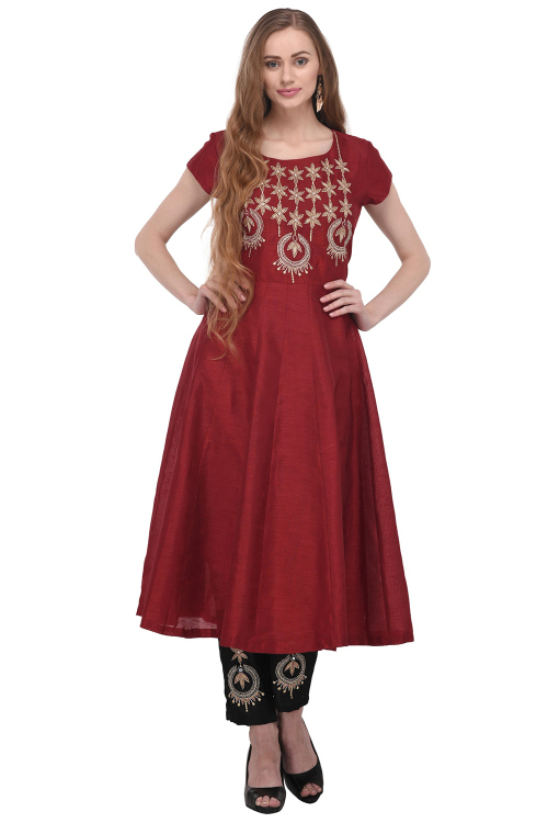 Deep Red Soft Silk Kurti With Zari Work For Casual Wear