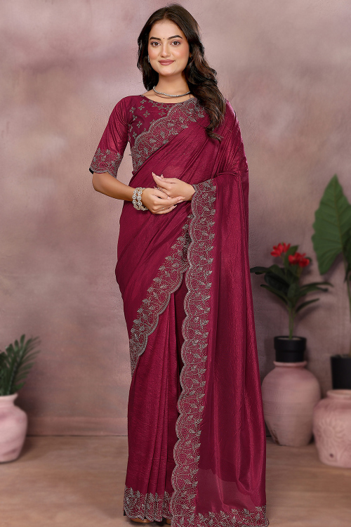 Deep Red Tissue Silk Saree With Stone Work For Festival
