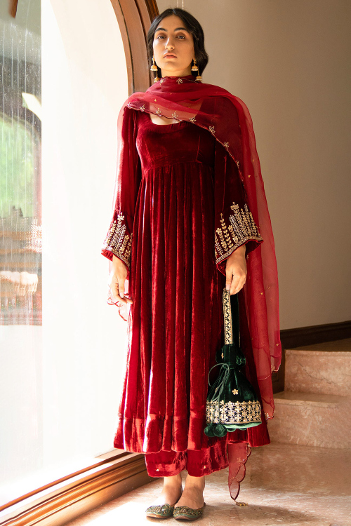 Deep Red Velvet Anarkali Suit with Zari Work for Diwali