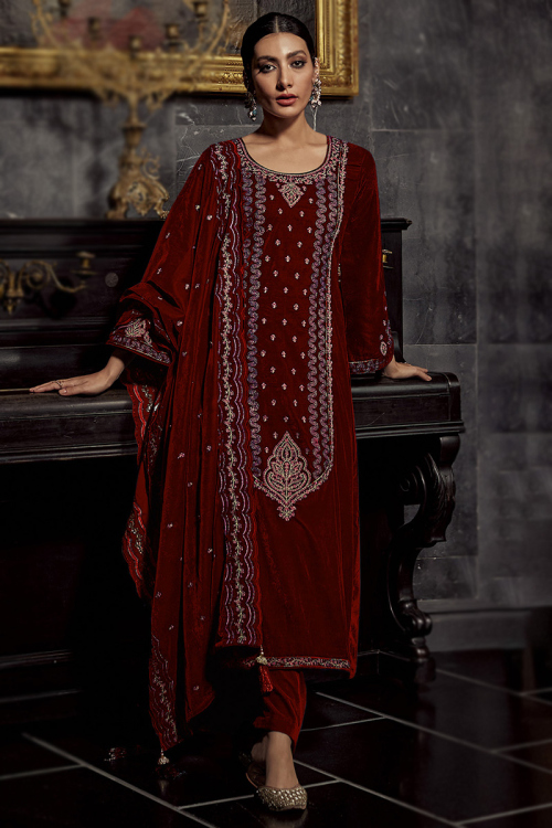 Deep Red Velvet Straight Cut Salwar Suit