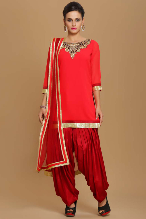 Candy Red Georgette Wedding Patiala Suit With Dupatta