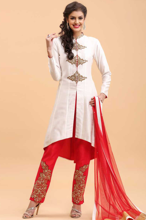 White and Red Trouser Suit