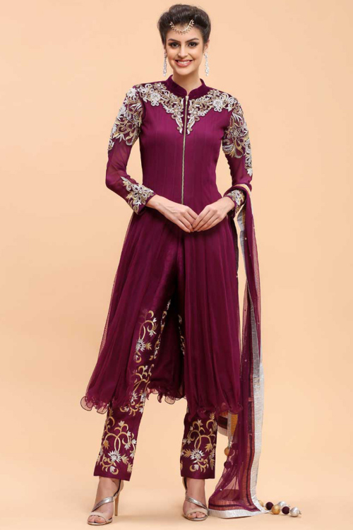 Gorgeous Purple Net Dupion Trouser Pant Suit