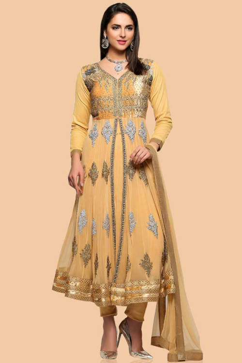 Golden Beige Anarkali Suit with Sequin Embellishment and Net Dupatta