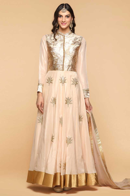 Beige Silk Embroidered Anarkali Suit for Wedding & Party