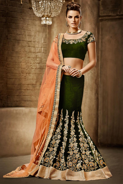 Peach Green Net And Velvet Saree With Velvet Blouse