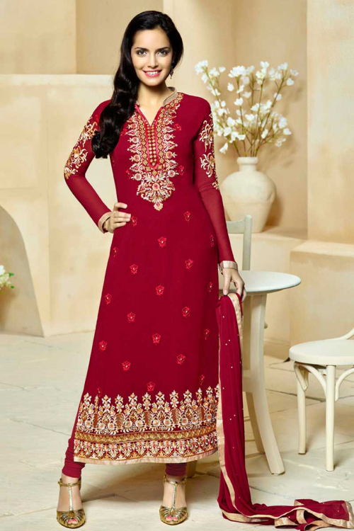 Dark Pink Georgette Churidar Suit with Chiffon Dupatta