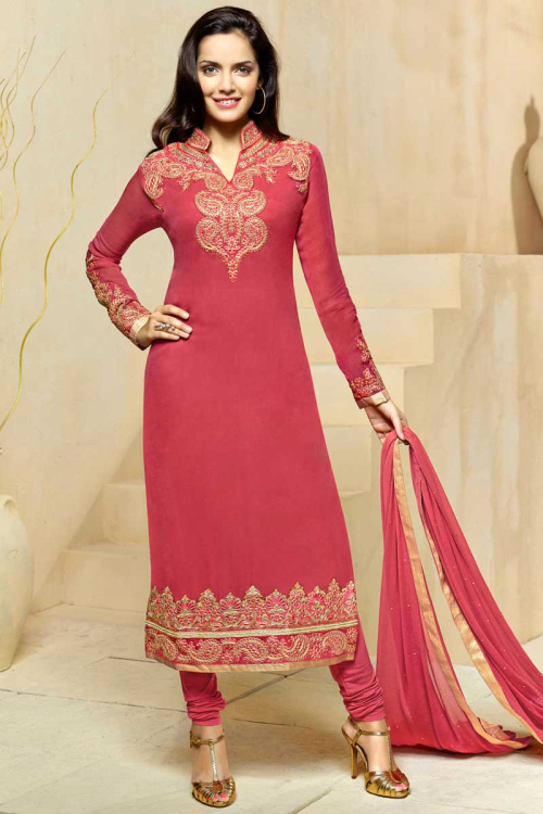 Pink Georgette Churidar Suit with Chiffon Dupatta