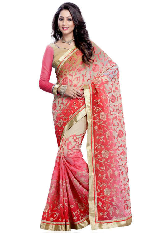Beige Pink Chiffon Saree with Silk Full Sleeve Blouse