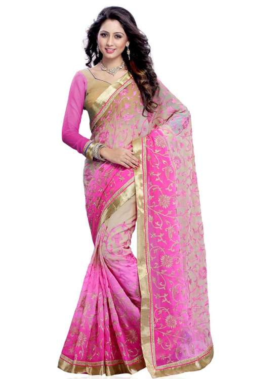Beige Purple Chiffon Saree with Silk Blouse
