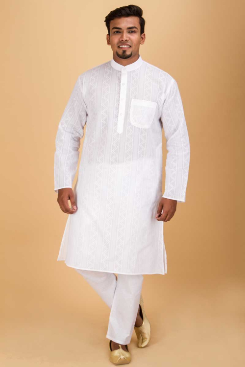 White Festive Cotton Kurta Pajama set for Wedding & Party