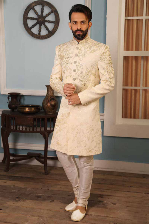 Designer Jacquard Silk Sherwani In Cream Colour 