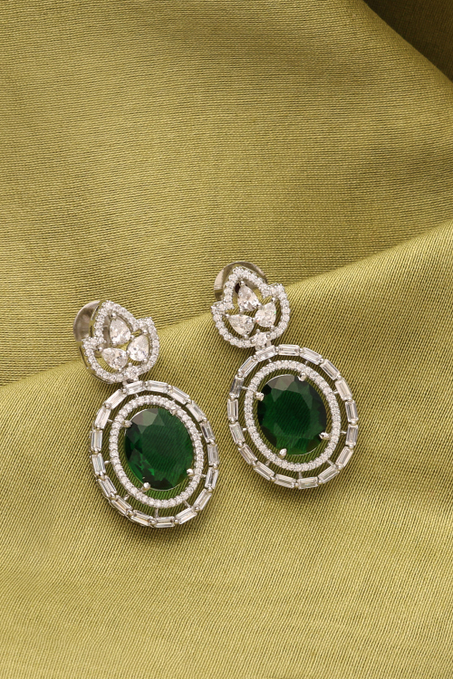 Divine Green Stone Oval Diamond Earrings