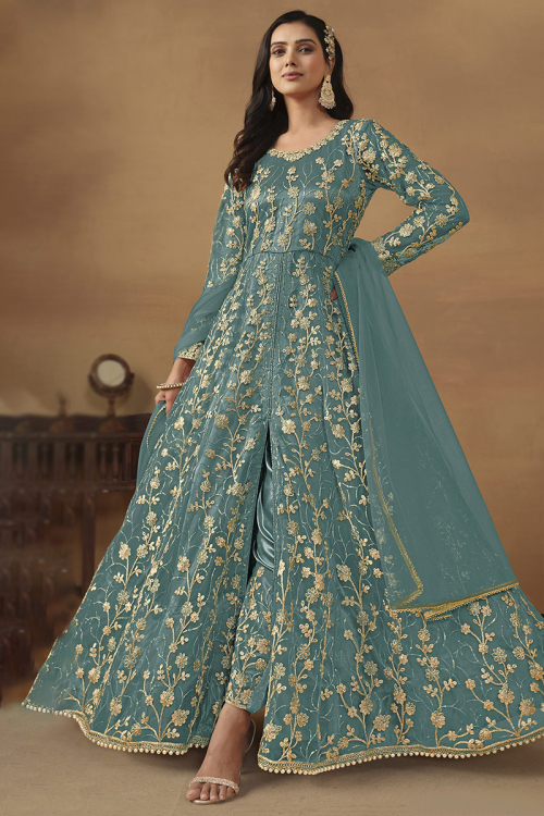 Dori Embroidered Dusty Green Net Front Slit Anarkali Suit