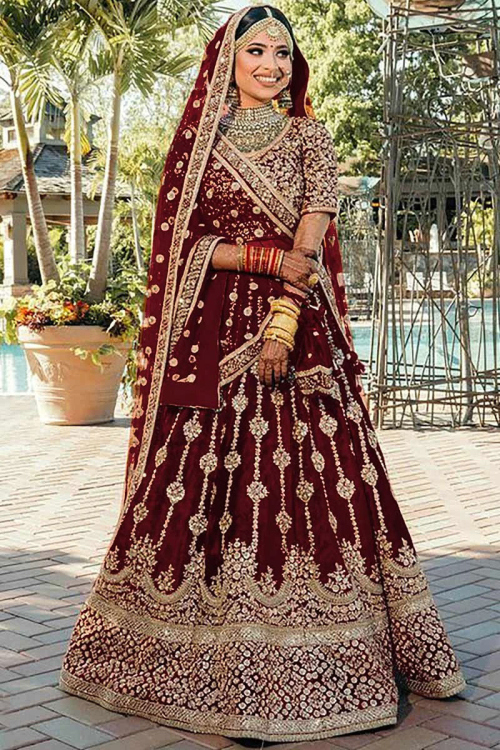 Dori Embroidered Maroon Velvet Bridal Lehenga