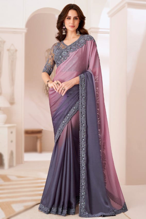 Dori Embroidered Mauve Pink Chiffon Light Weight Saree