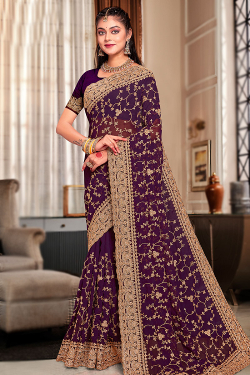 Dori Embroidered Purple Georgette Heavy Saree