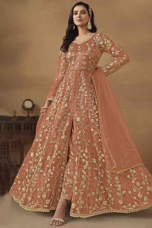 Dori Embroidered Salmon Orange Net Front Slit Anarkali Suit