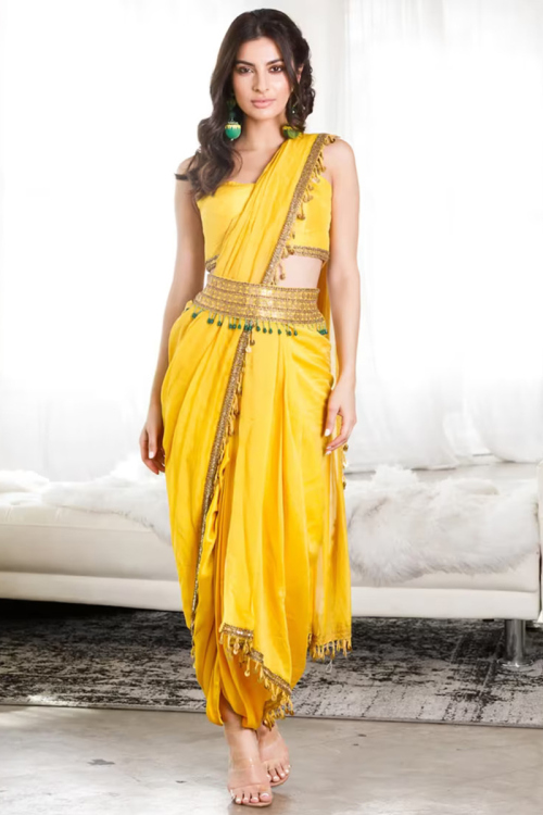 Embroidered Satin Silk Dhoti Style Yellow Saree