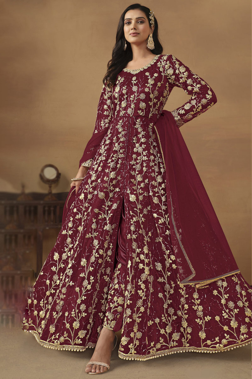 Dori Embroidered Wine Maroon Net Front Slit Anarkali Suit