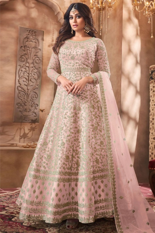 Dori Work Embroidered Net Light Pink Anarkali Party Wear Salwar Kameez
