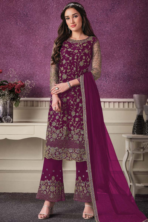 Dori Work Embroidered Net Purple Trouser Suit
