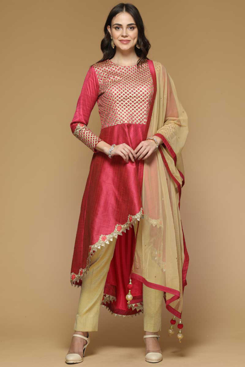 Dupion Silk Wedding Anarkali Suit In Red Color