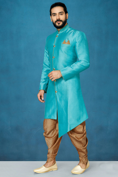 Dupion Silk Aqua Blue Men's Sherwani
