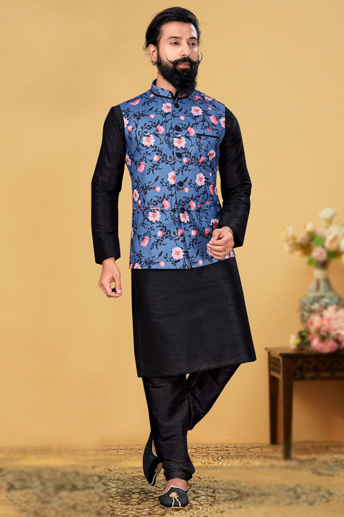 Dupion Silk Black Men's Kurta With Printed Jacket