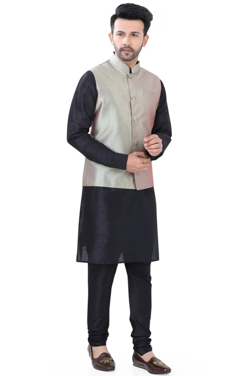 Dupion Silk Black Plain Jacket Style Men's Kurta Churidar