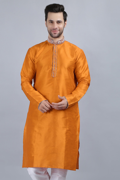 Dupion Silk Carrot Orange Patch Embroidered Men's Kurta