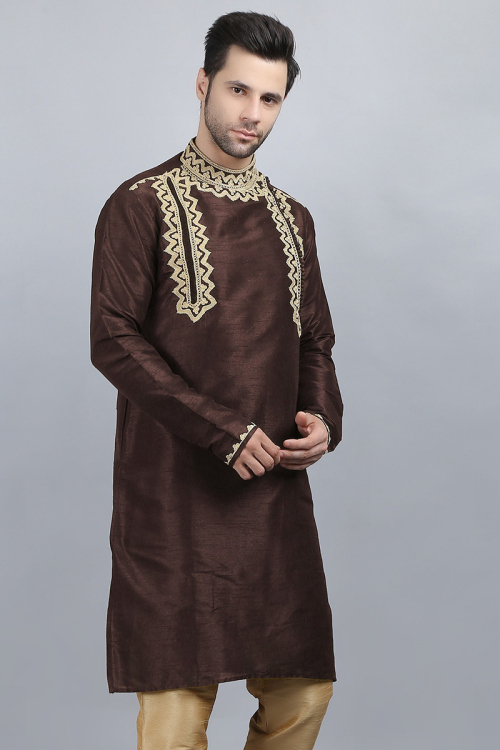 Dupion Silk Dark Brown Dori Embroidered Men's Kurta