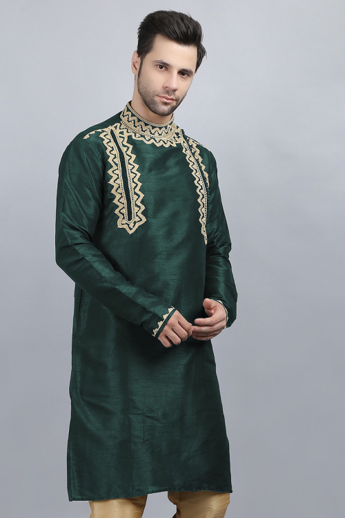 Dupion Silk Dark Green Embroidered Straight Cut Men's Kurta