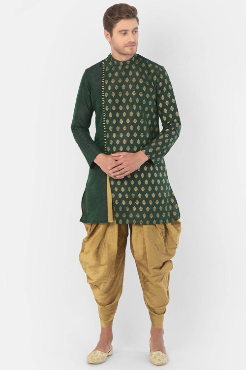 Dupion Silk Dark Green Foil Printed Men's Kurta With Dhoti Pants