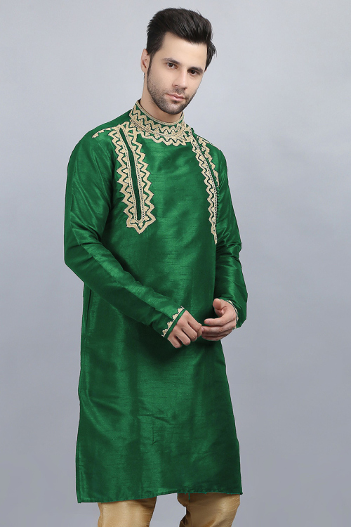 Dupion Silk Forest Green Dori Embroidered Men's Kurta