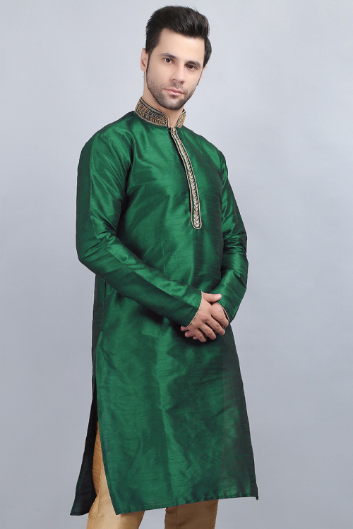 Dupion Silk Green Patch Embroidered Men's Kurta 