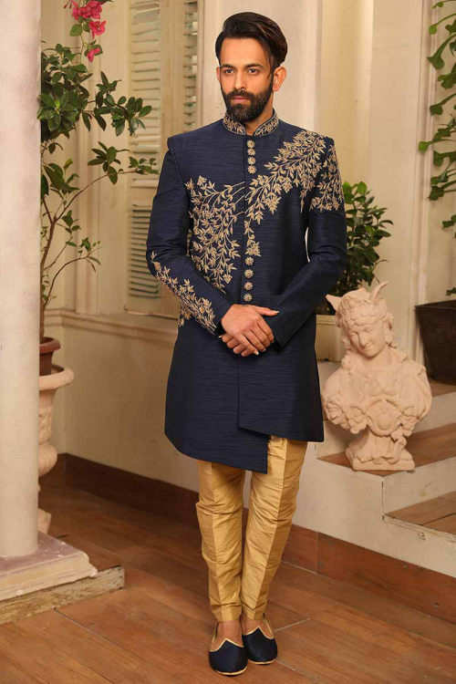 Dupion Silk Indo western Sherwani In Dark Blue Colour