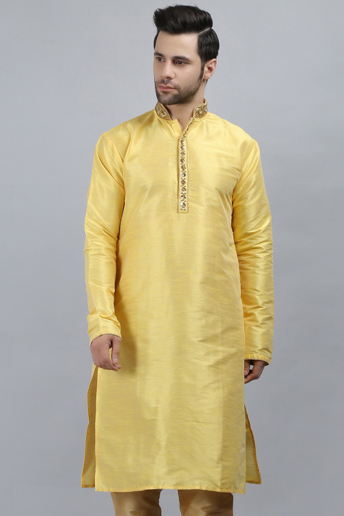 Dupion Silk Light Yellow Men's Embroidered Kurta