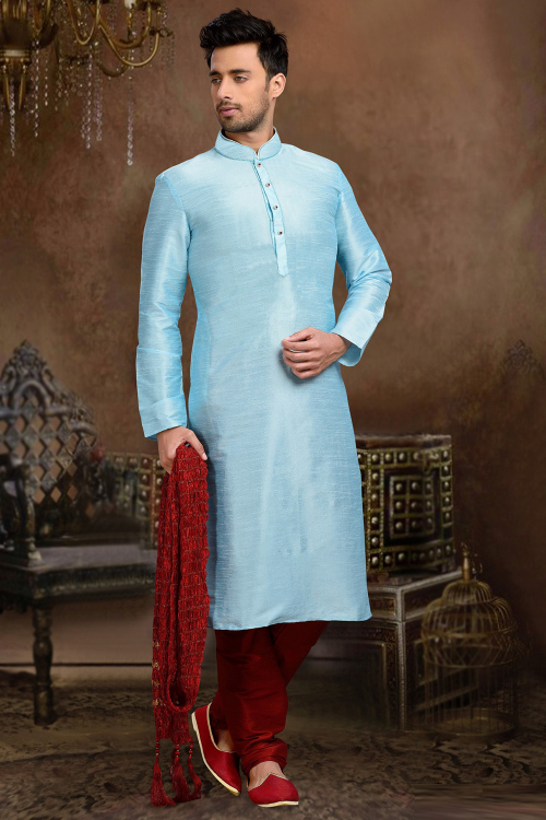 Dupion Silk Men&#039;s Light Blue Plain Kurta Churidar For Festival