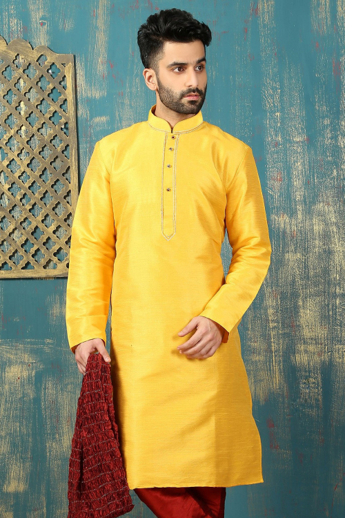 Dupion Silk Mustard Yellow Straight Cut Men’s Kurta With Zari Work