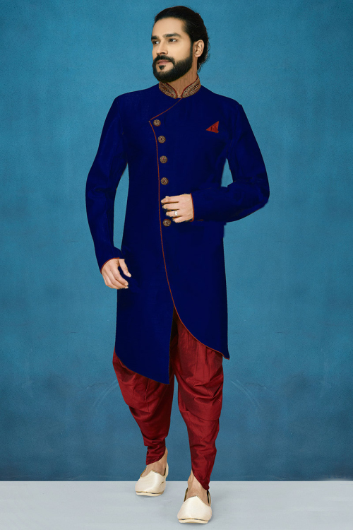 Elegant Navy Blue Dupion Silk Asymmetrical Sherwani for Men