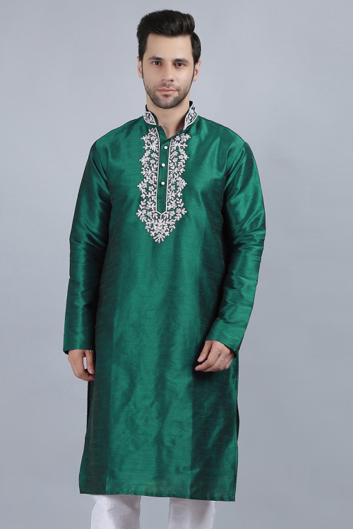 Dupion Silk Peacock Green Beads Embroidered Men's Kurta